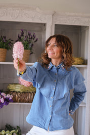 CAMICIA JEANS RICAMI ROSA